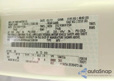 2013 Ford Escape Titanium z USA, uszkodzony, nr VIN 1FMCU9J9XDUA10838